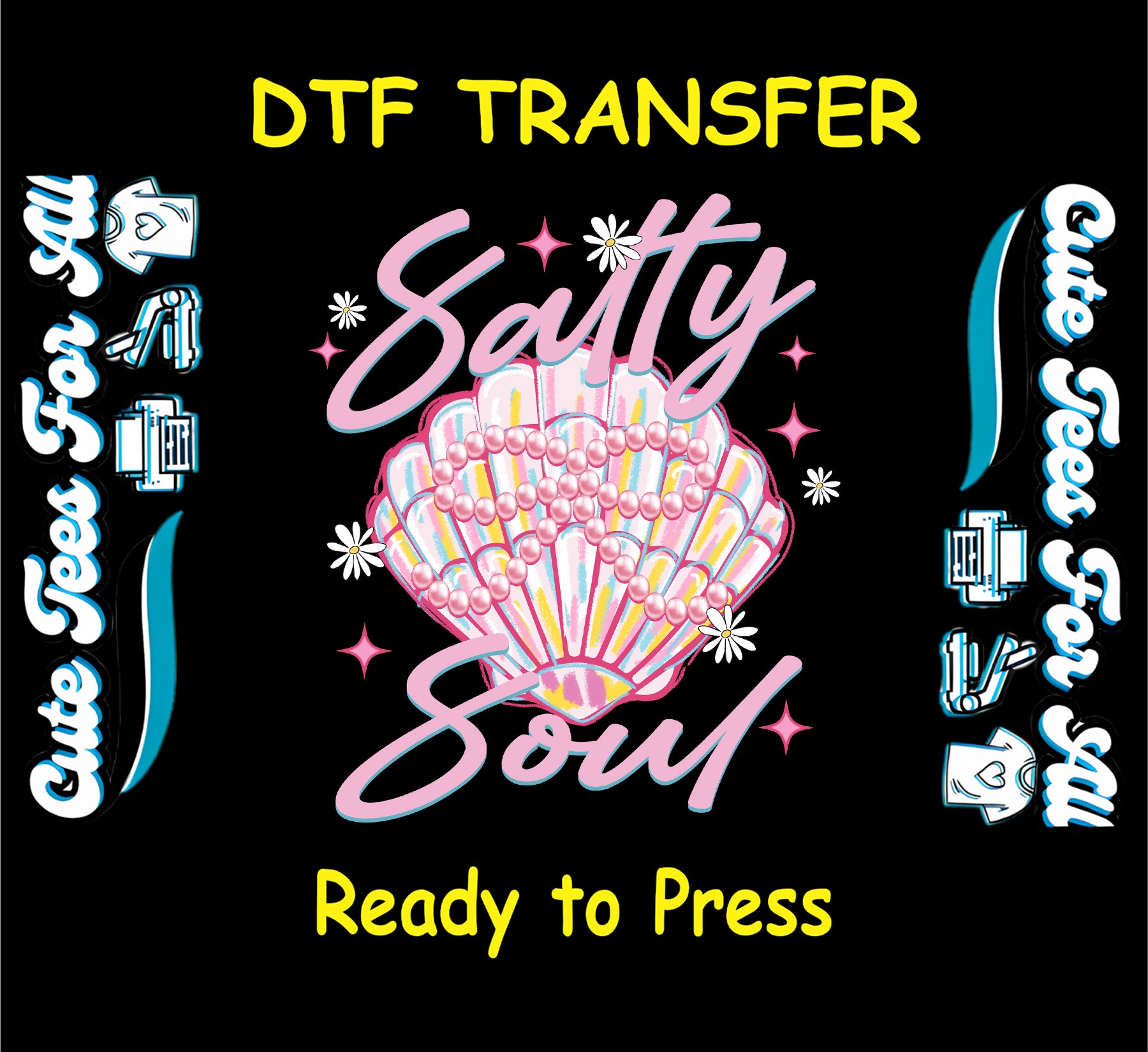 Salty Soul DTF transfer with pastel seashell, pearls, daisies, and pink script lettering.