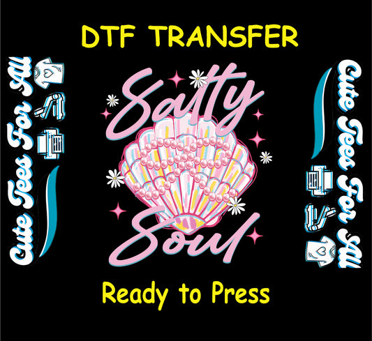 Salty Soul DTF transfer with pastel seashell, pearls, daisies, and pink script lettering.