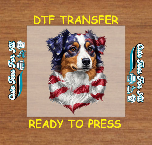 Patriotic dog DTF transfer with realistic face and American flag pattern in fur.