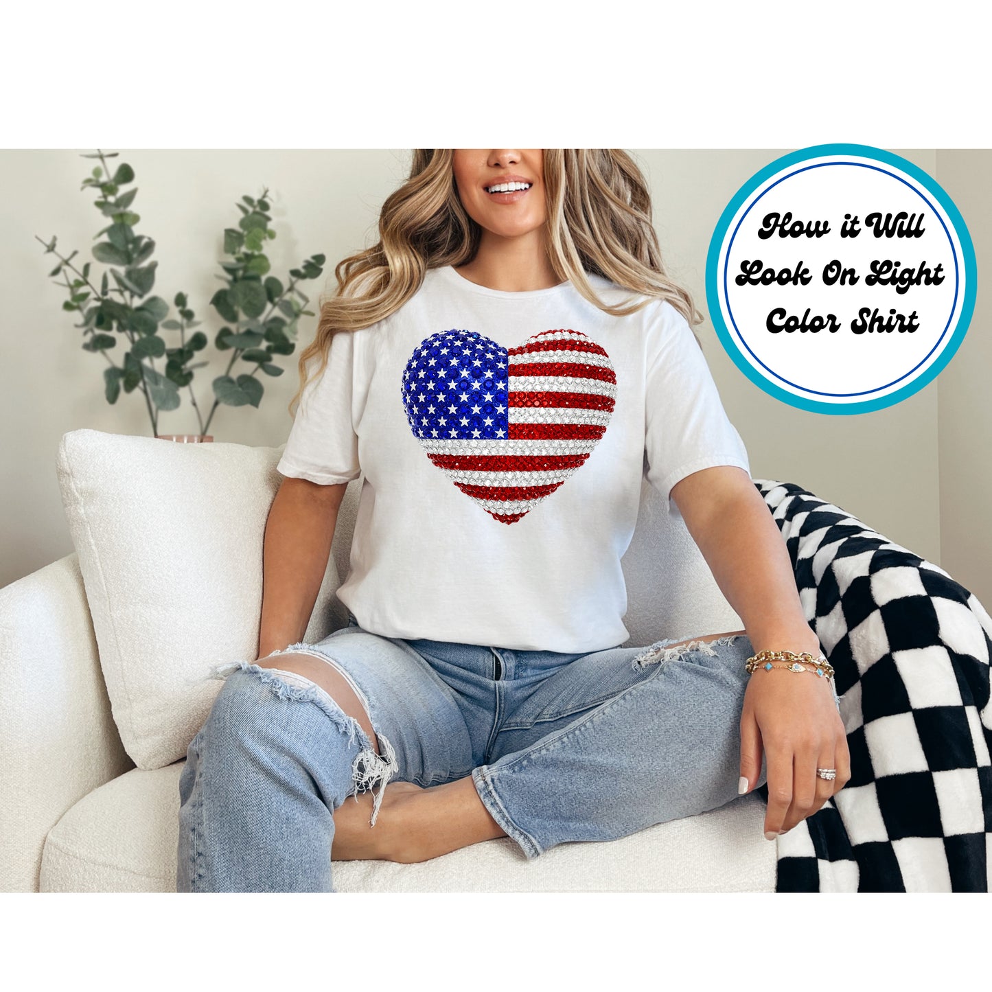 4th Of July DTF Transfer Iron On Heat Transfer - Ready to Press, American Flag Rhinestone Heart DTF Transfer 10117