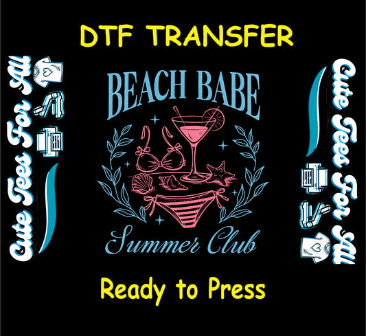Beach Babe Summer Club DTF transfer with bikini, cocktail, shells, and leaves in pink and blue.