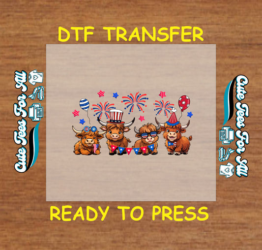 DTF transfer with patriotic Highland cows in red, white, and blue with fireworks and balloons.