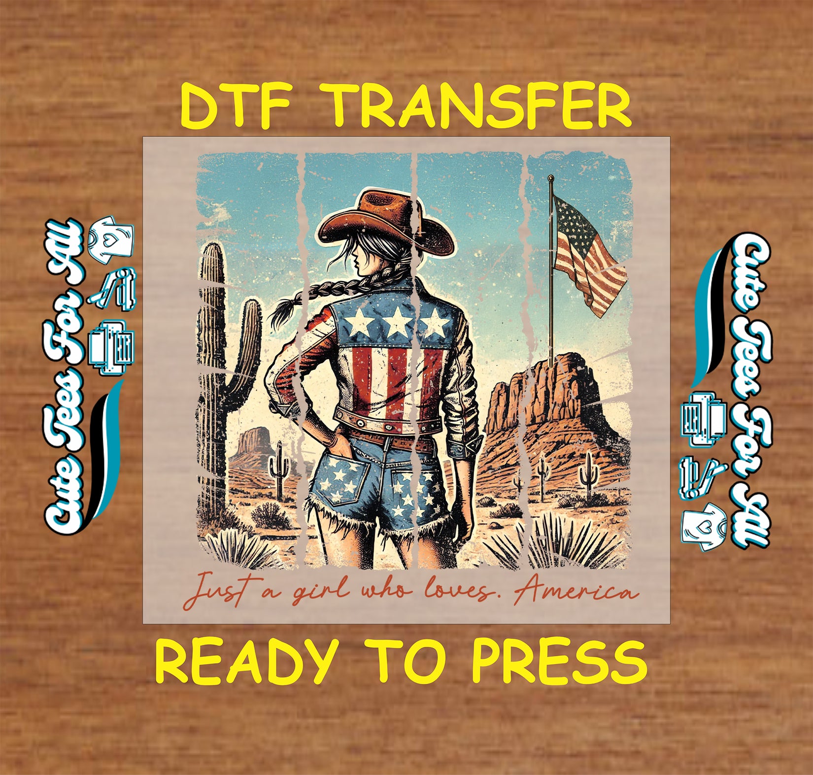 Patriotic cowgirl DTF transfer with American flag outfit, desert background, and text Just a Girl Who Loves America.