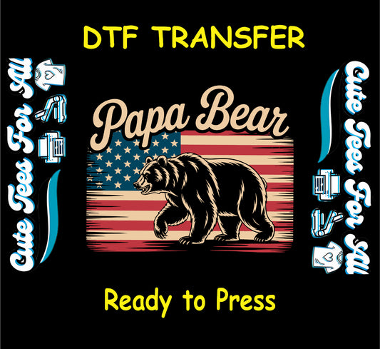 Papa Bear DTF transfer with American flag background and bold bear silhouette.