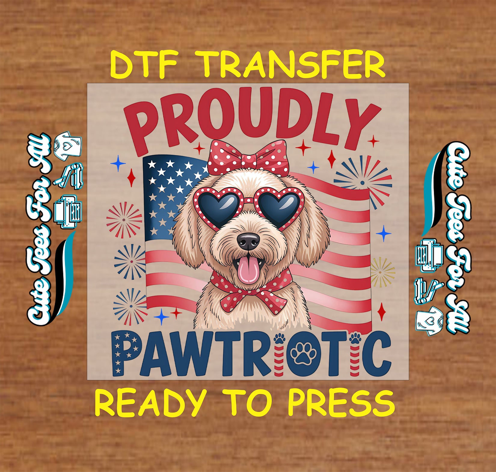 4th of July DTF transfer featuring dog in heart sunglasses with flag and fireworks.