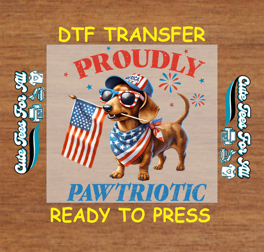 DTF transfer of dachshund in patriotic gear holding American flag with fireworks.