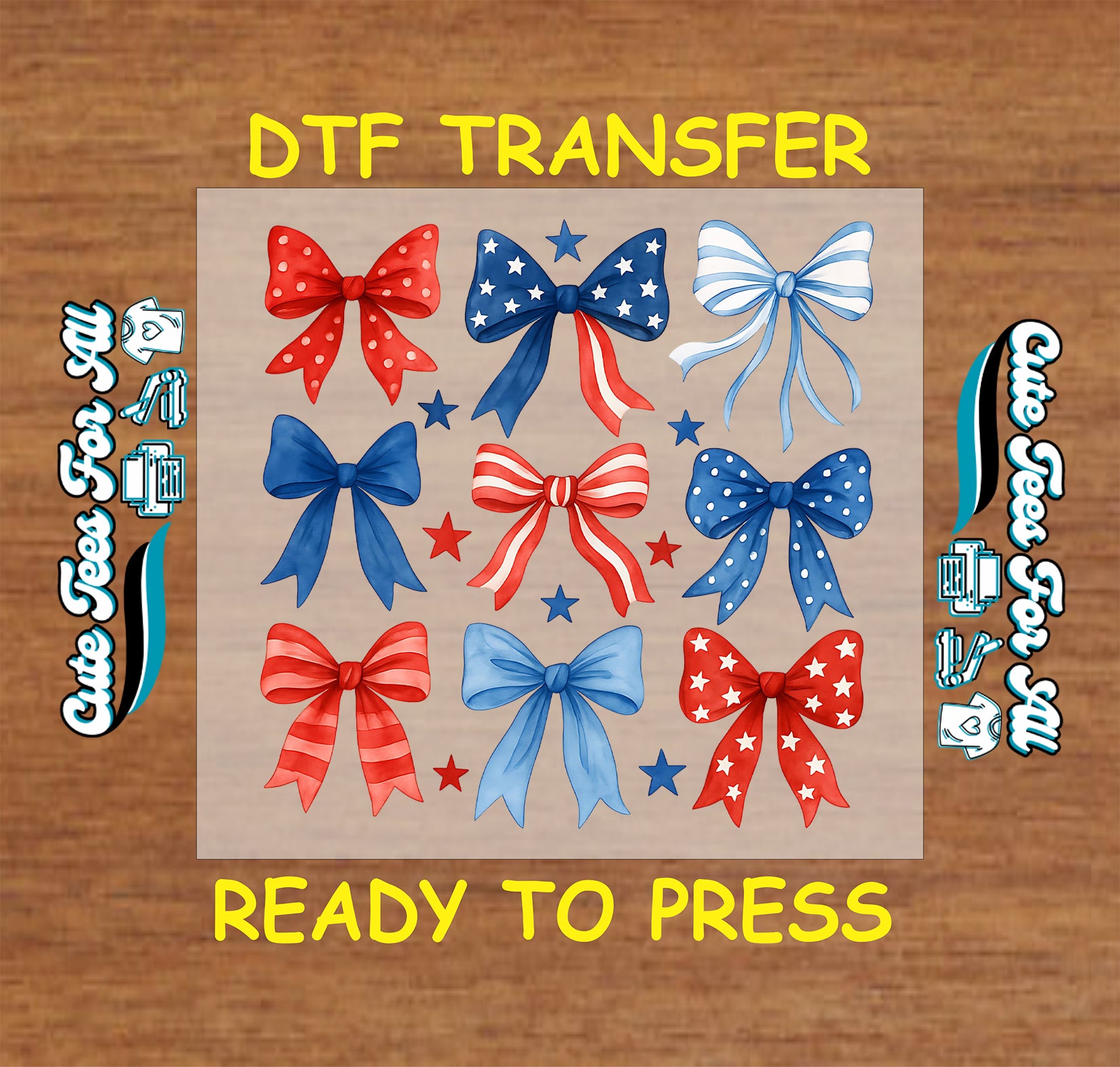 DTF transfer sheet with nine red, white, and blue bows decorated with stars and stripes.