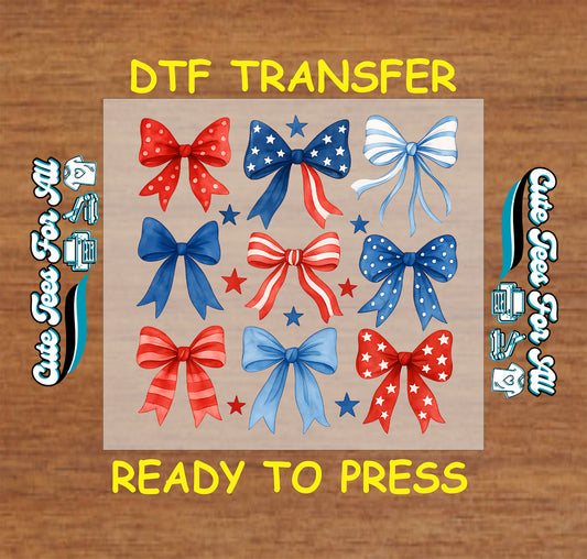 DTF transfer sheet with nine red, white, and blue bows decorated with stars and stripes.