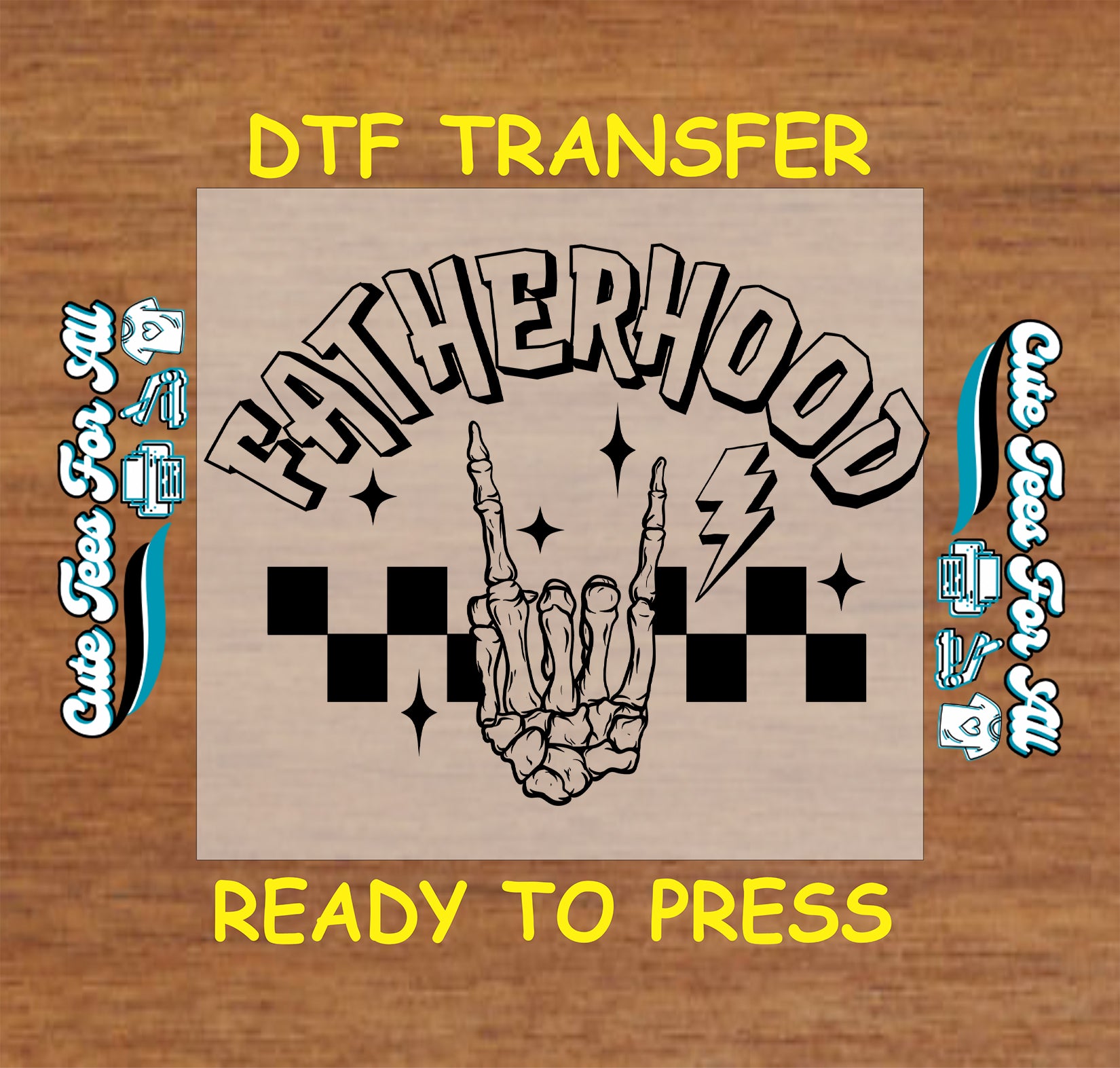 Skeleton hand rock sign with "Fatherhood" text and checkered lightning accents.