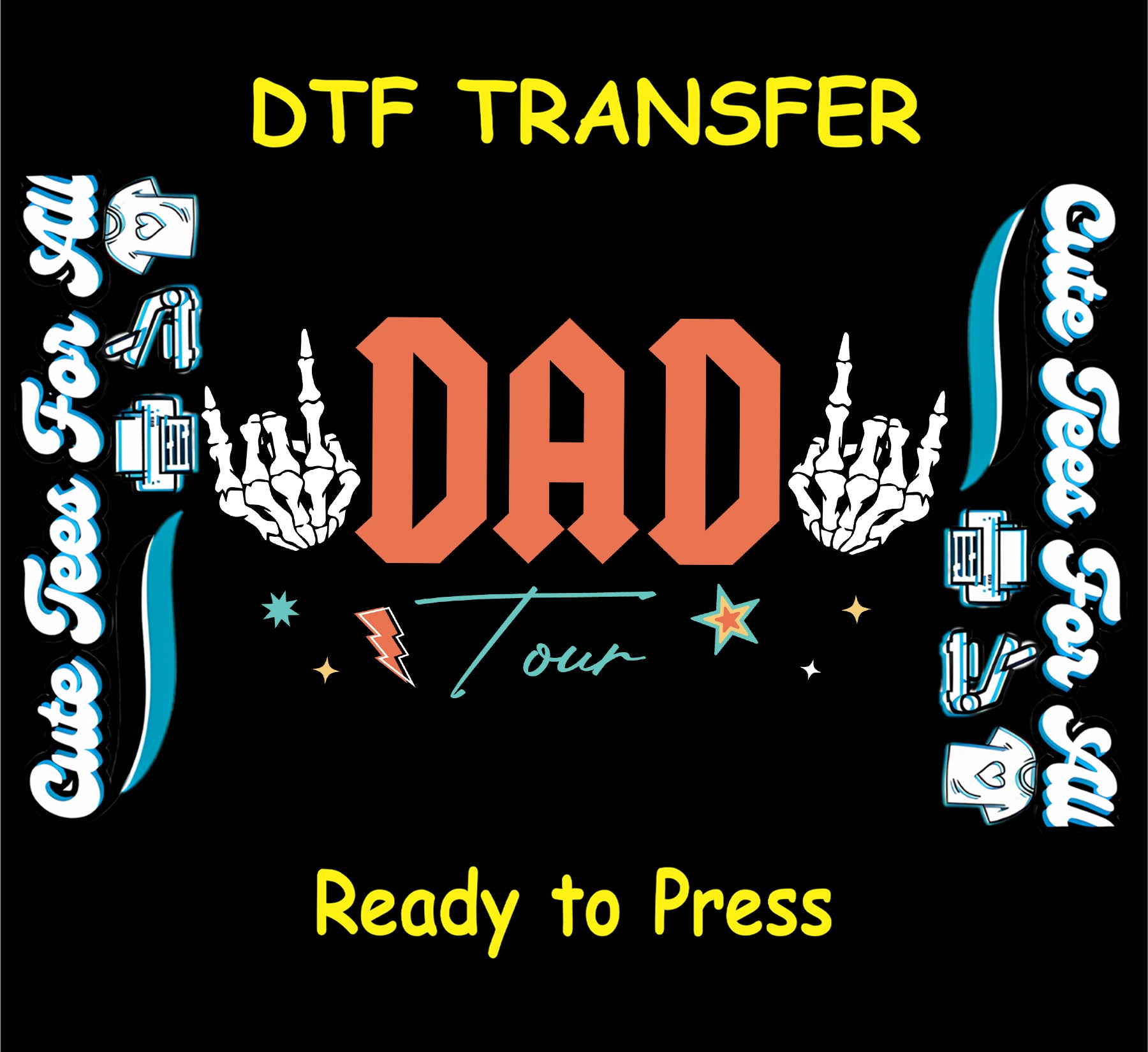 Dad Tour text with skeleton rock hand signs, stars, and lightning bolts.