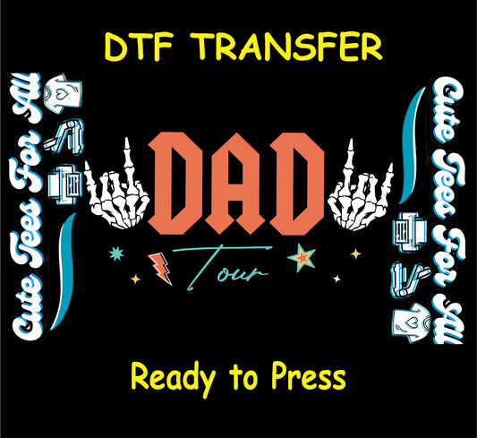 Dad Tour text with skeleton rock hand signs, stars, and lightning bolts.