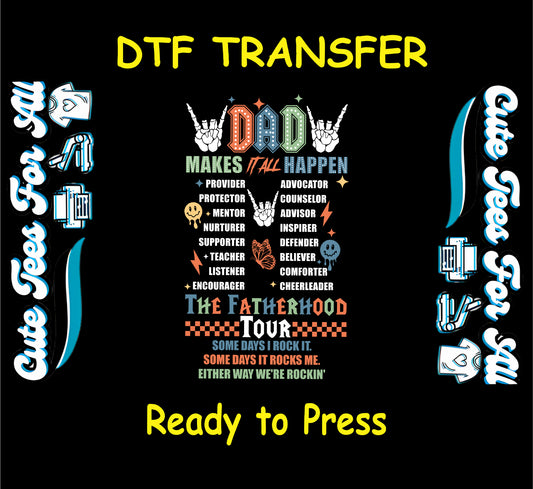 Fatherhood Tour DTF transfer with colorful icons, skeleton hands, and dad role text.