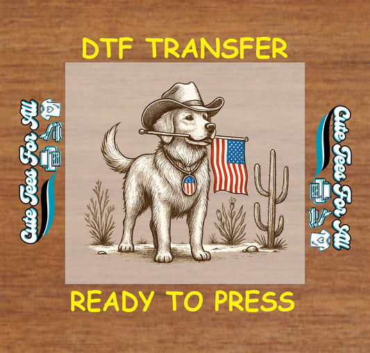DTF transfer of dog in cowboy hat holding American flag with desert plants and patriotic badge.