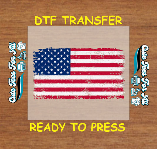 DTF transfer of grunge-style American flag with distressed red, white, and blue texture.