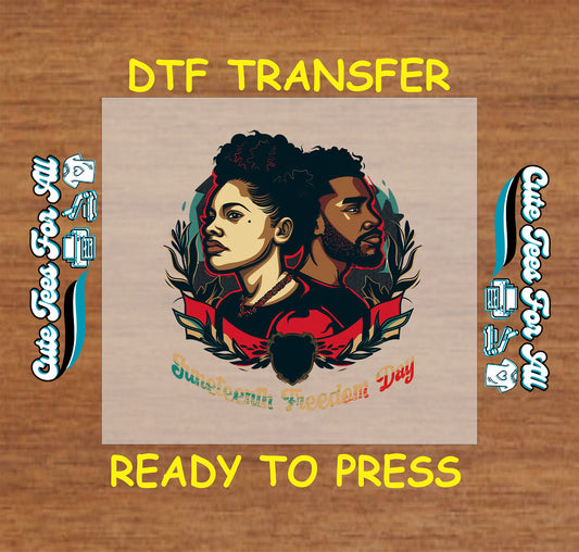 Juneteenth DTF transfer with powerful side-profile portraits of a woman and man, red and black color theme, "Freedom Day" text.