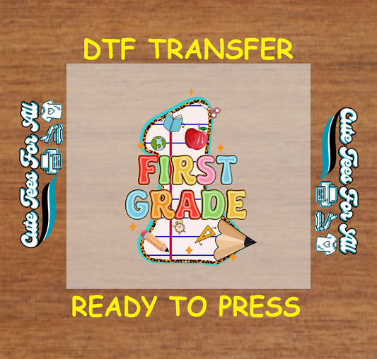 First grade DTF transfer with number one, apple, pencil, globe, and colorful school icons.
