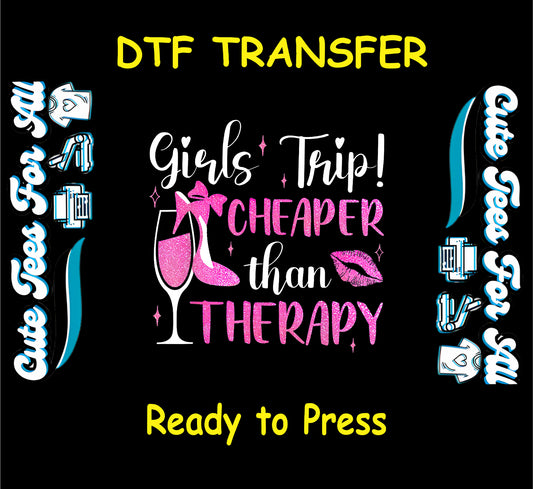 Glitter pink Girls Trip DTF transfer with lips, champagne glass, heels, and fun lettering.