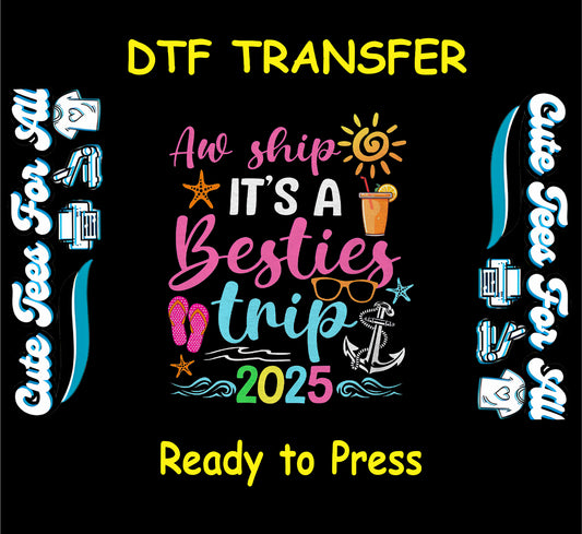 Besties Trip 2025 DTF transfer with flip-flops, anchor, cocktail, sunglasses, and beach icons.