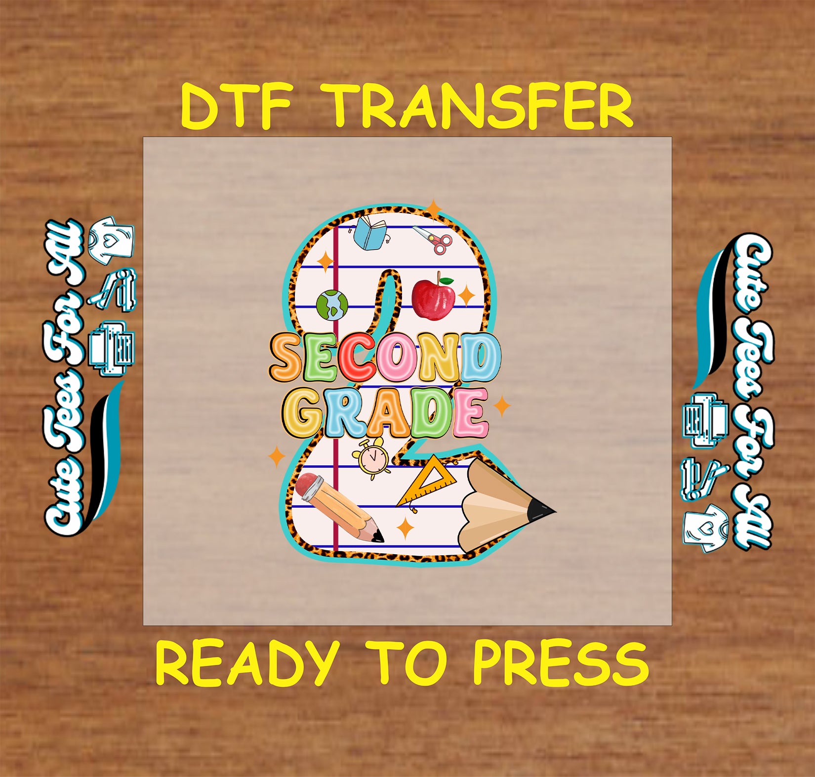 Second grade DTF transfer with large number two, school supplies, and colorful letters.