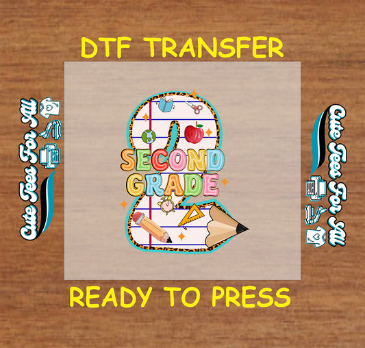 Second grade DTF transfer with large number two, school supplies, and colorful letters.