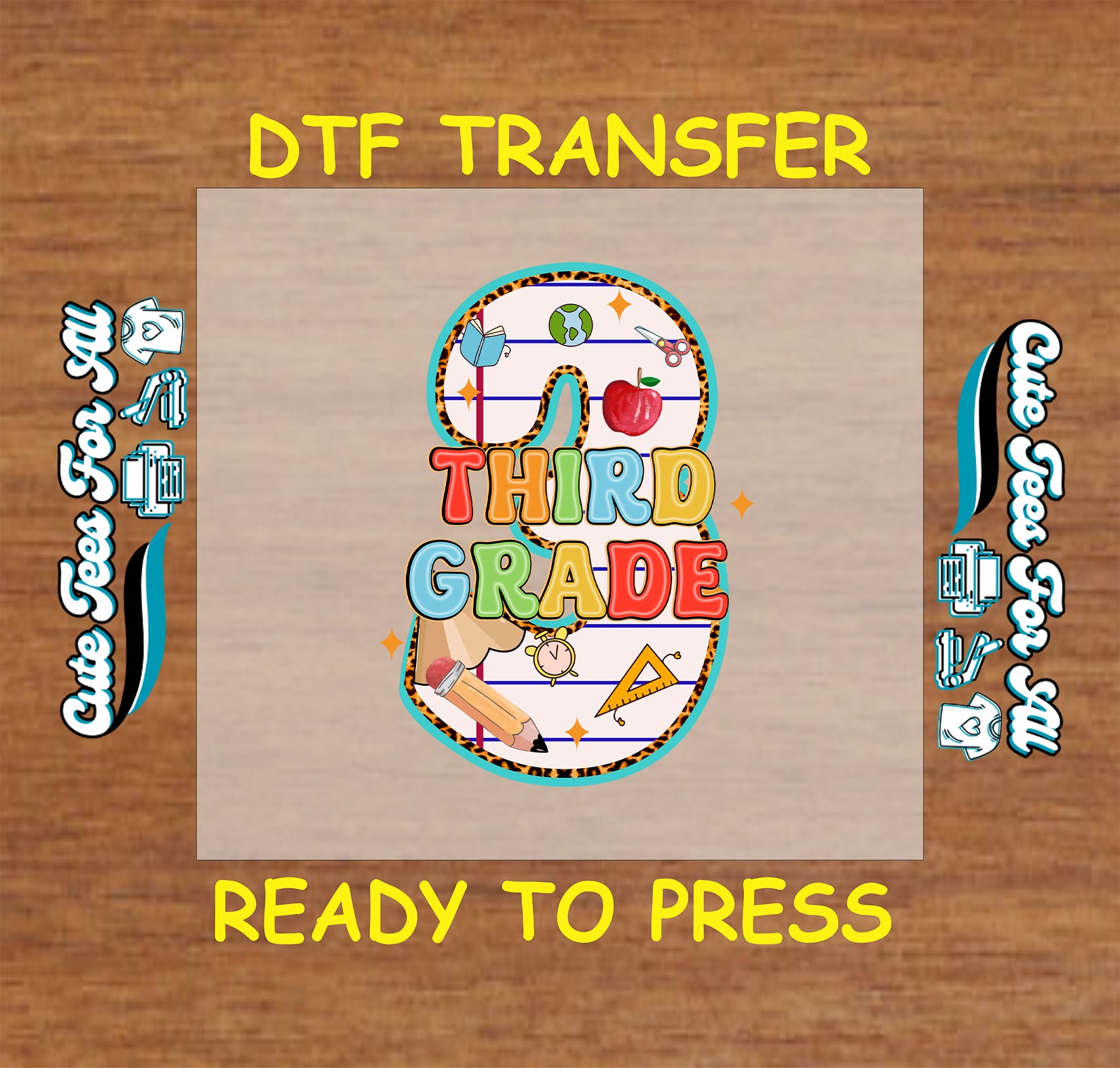 Third grade DTF transfer with number three, pencil, globe, apple, and school elements.