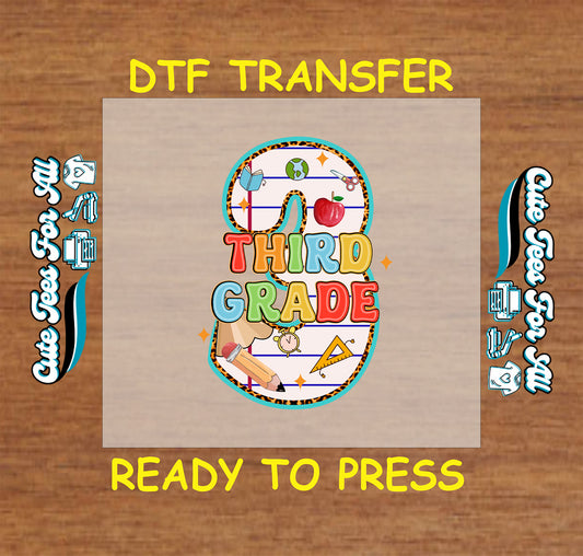 Third grade DTF transfer with number three, pencil, globe, apple, and school elements.