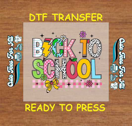 Back to School DTF transfer with colorful letters, lightning bolt, flowers, and gingham.