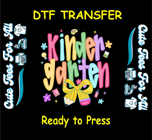 Kindergarten DTF transfer with pastel letters, yellow bow, and school supplies on black background.