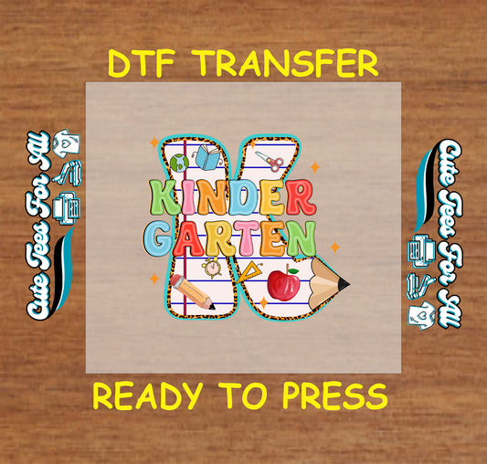 Kindergarten DTF transfer with leopard-trimmed K, school icons, and colorful block letters.