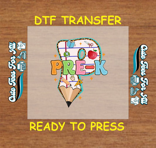 Pre-K DTF transfer with leopard-trimmed letter P, school icons, and colorful block letters.