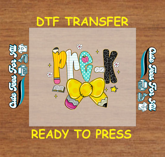 Pre-K DTF transfer with yellow pencil bow, leopard and notebook letters, and book accents.