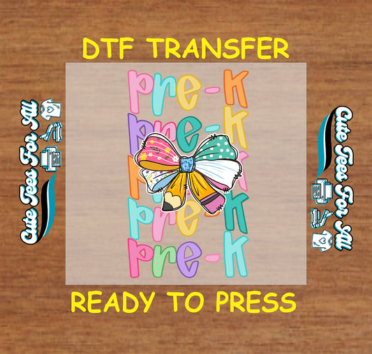 Pre-K DTF transfer with stacked pastel text and large patchwork bow made from pencil patterns.