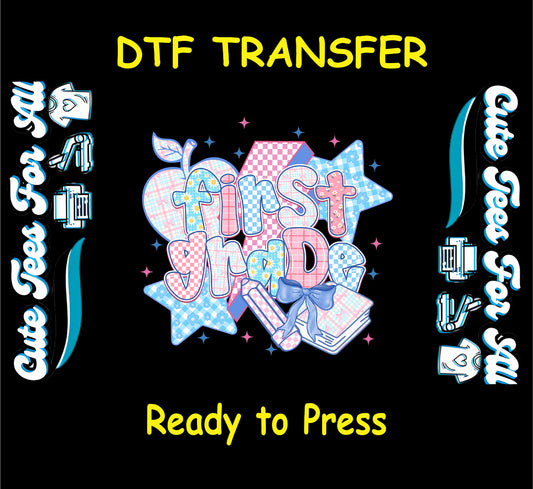 First Grade DTF transfer with plaid apple, stars, bow, and pastel elements on black background.