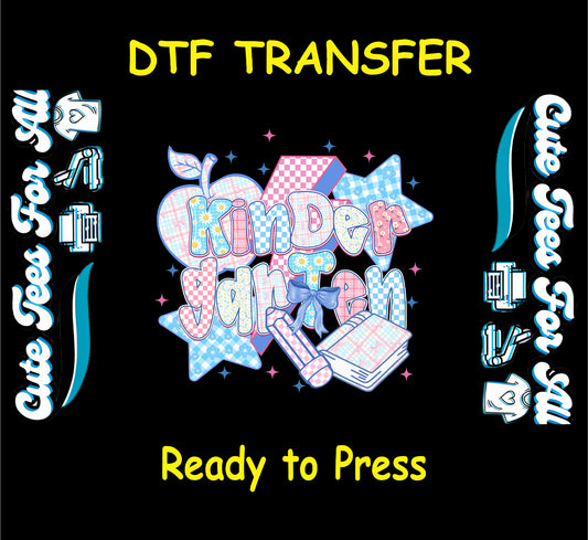 Kindergarten DTF transfer with plaid apple, blue bow, stars, and books on black background.