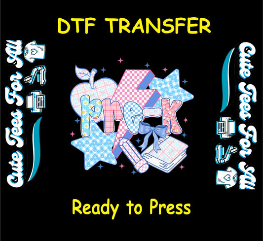 Pre-K DTF transfer with pastel plaid apple, books, pencil, and blue bow on black background.