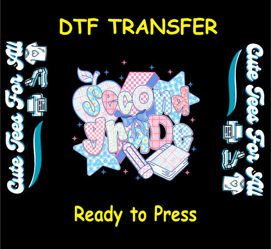 Second Grade DTF transfer with pastel stars, apple, books, crayon, and ribbon.