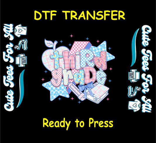 Third Grade DTF transfer with pastel apple, stars, ribbon, crayon, and books.
