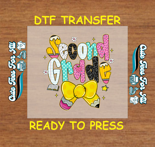 Second Grade DTF transfer with yellow bow, leopard print letters, pencils, stars, and book.