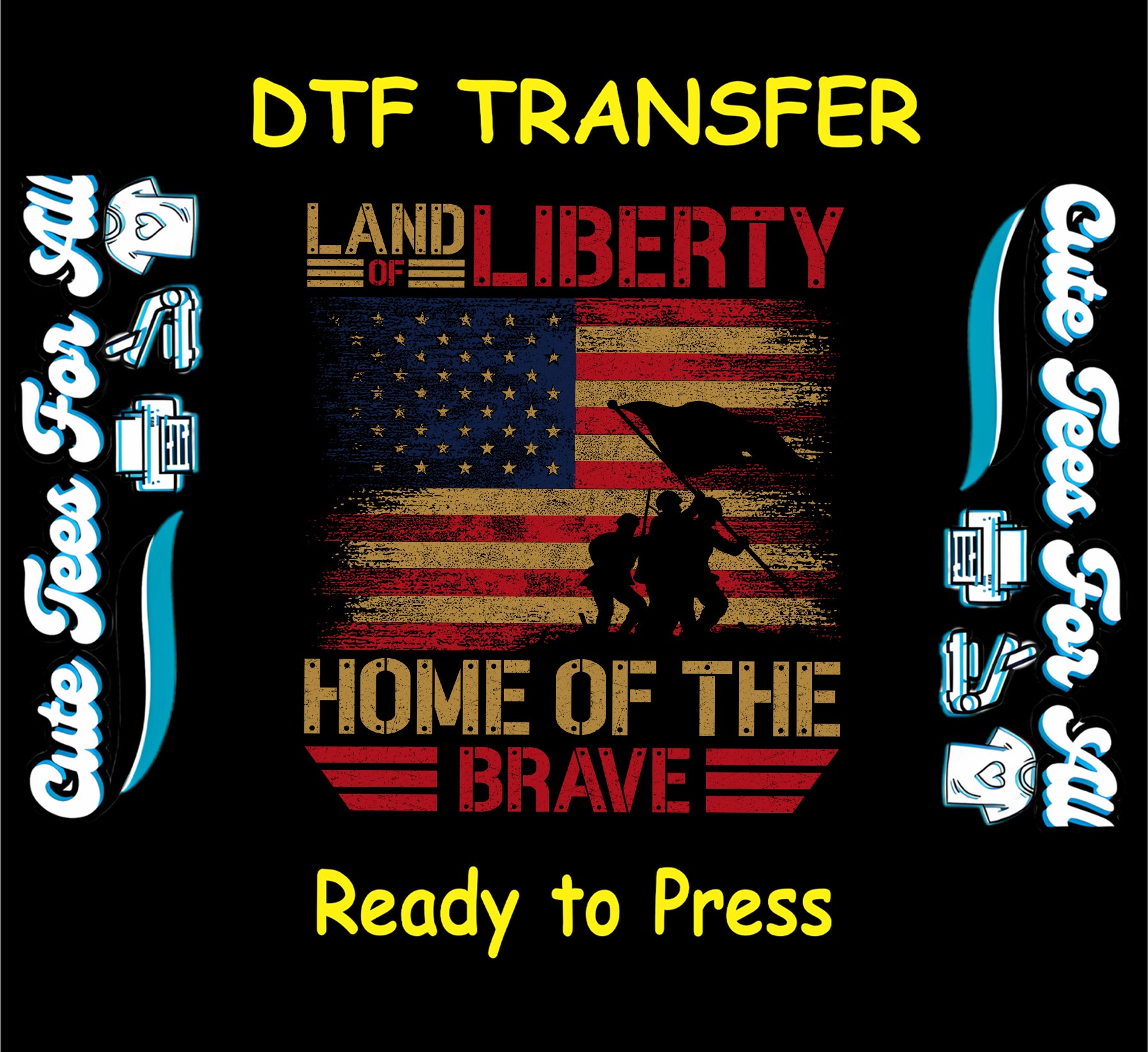 Distressed DTF transfer with American flag, military silhouettes, and “Home of the Brave” text.