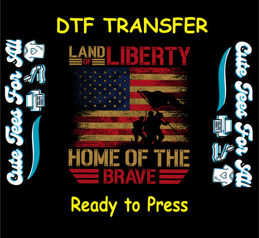 Distressed DTF transfer with American flag, military silhouettes, and “Home of the Brave” text.