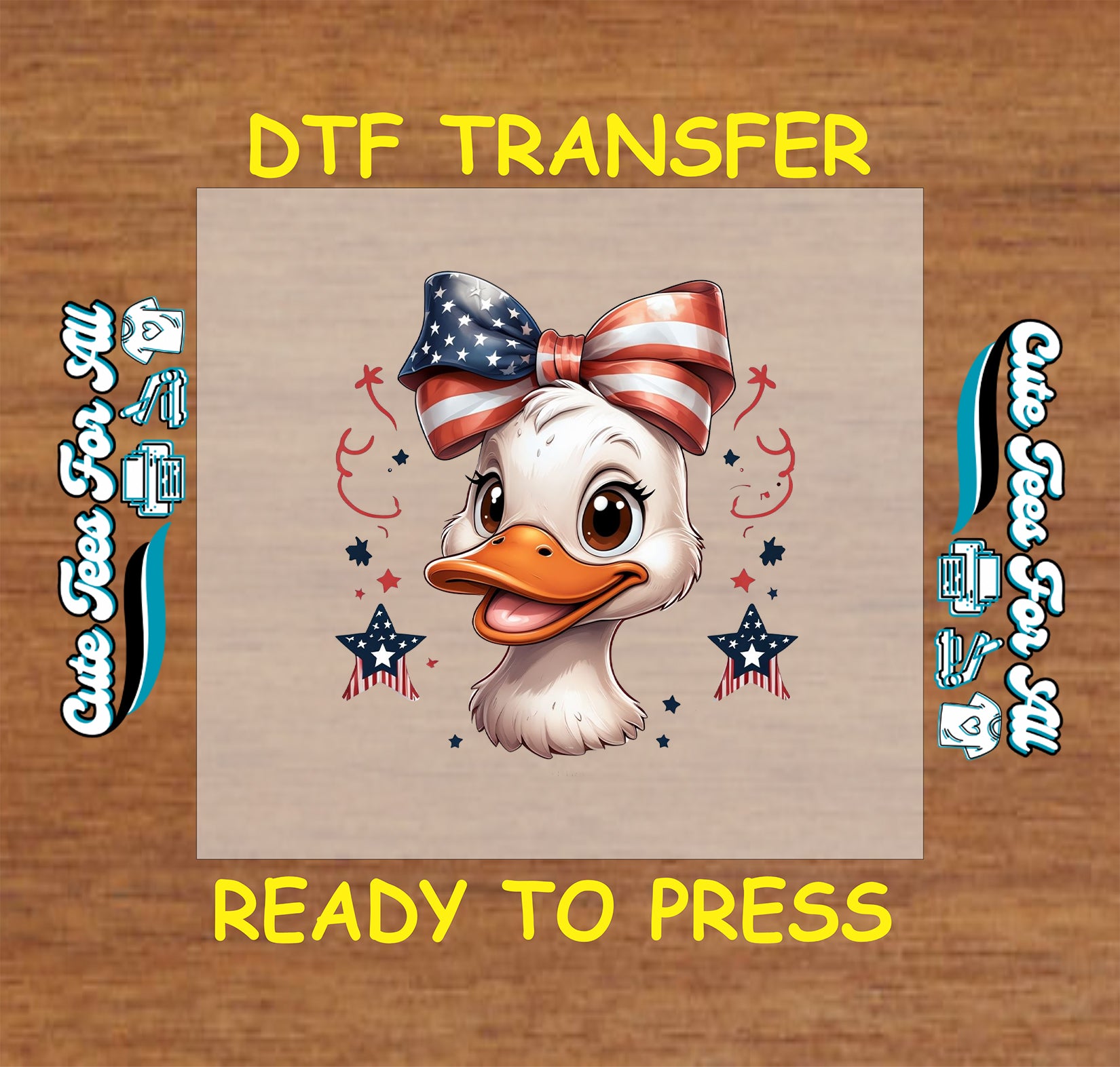 Patriotic duck DTF transfer with red, white, and blue bow and stars.