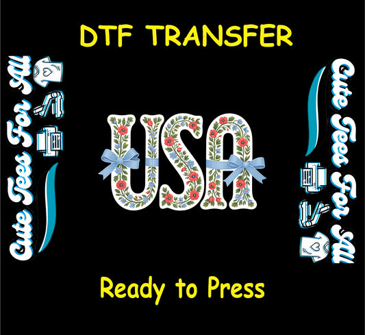 USA DTF transfer with floral print letters and blue ribbon bows on black background.