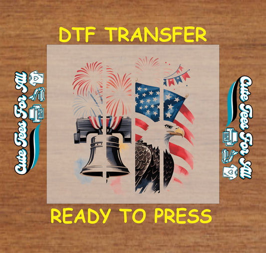 Split design DTF transfer with Liberty Bell, eagle, fireworks, and American flags.