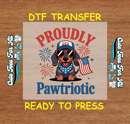 DTF transfer with dog in USA cap and glasses holding flag, surrounded by fireworks.