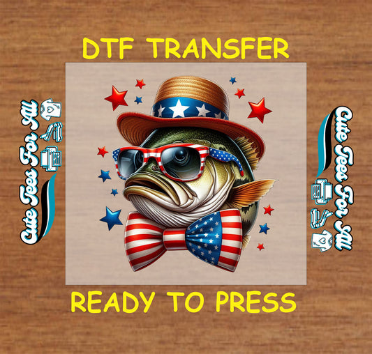 DTF transfer with patriotic bass fish in USA bow tie, sunglasses, and stars around it.