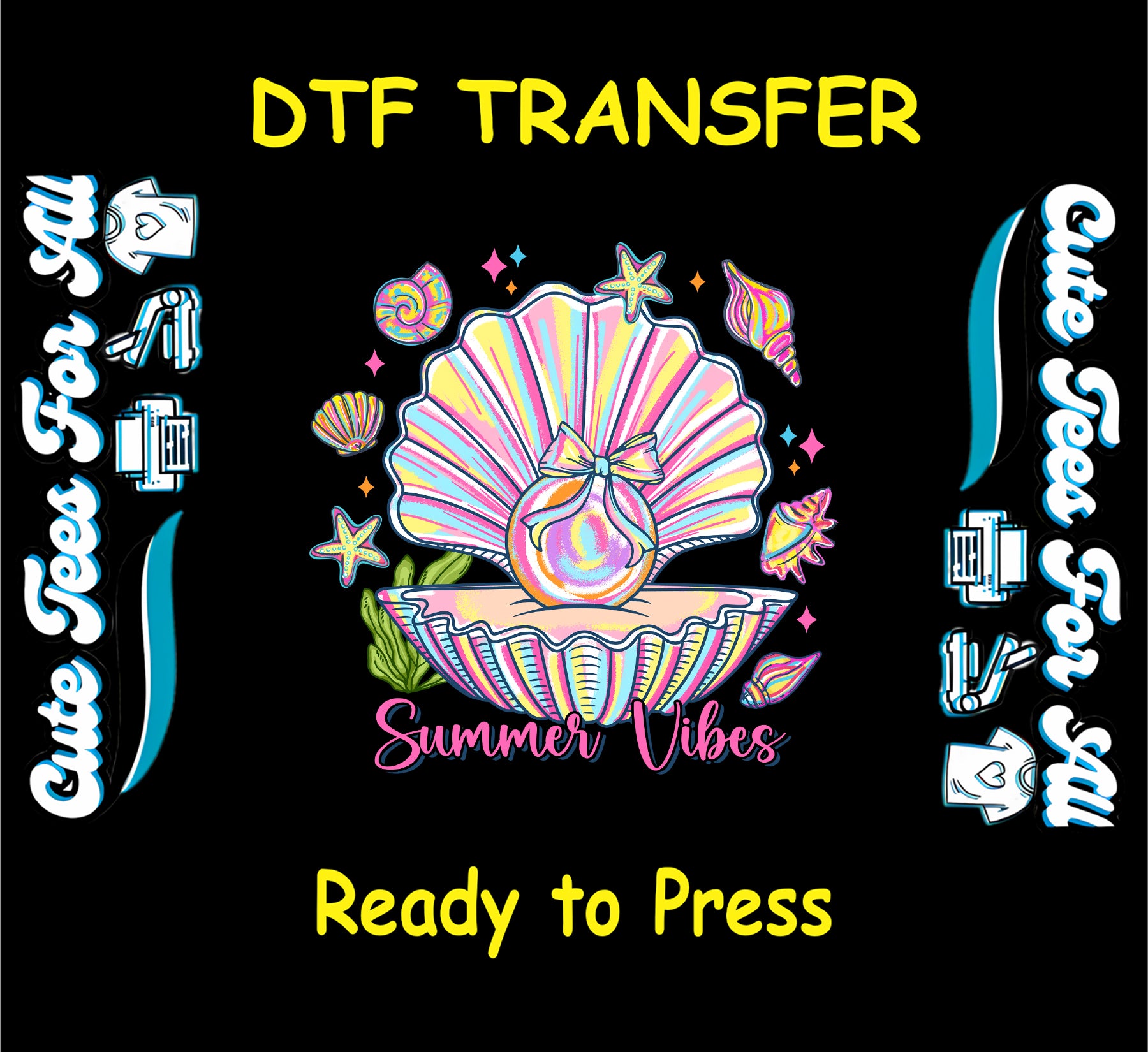 DTF transfer with rainbow pearl bag inside seashell, surrounded by starfish and shells, text reads Summer Vibes.
