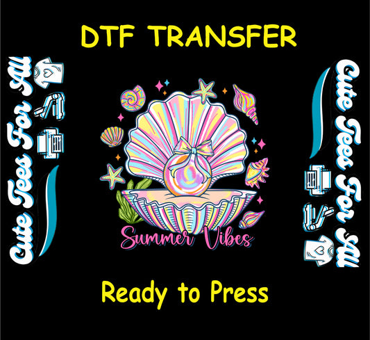 DTF transfer with rainbow pearl bag inside seashell, surrounded by starfish and shells, text reads Summer Vibes.