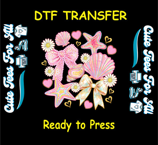 DTF transfer with pastel bows, seashells, starfish, hearts, and daisies in a summer-themed layout.