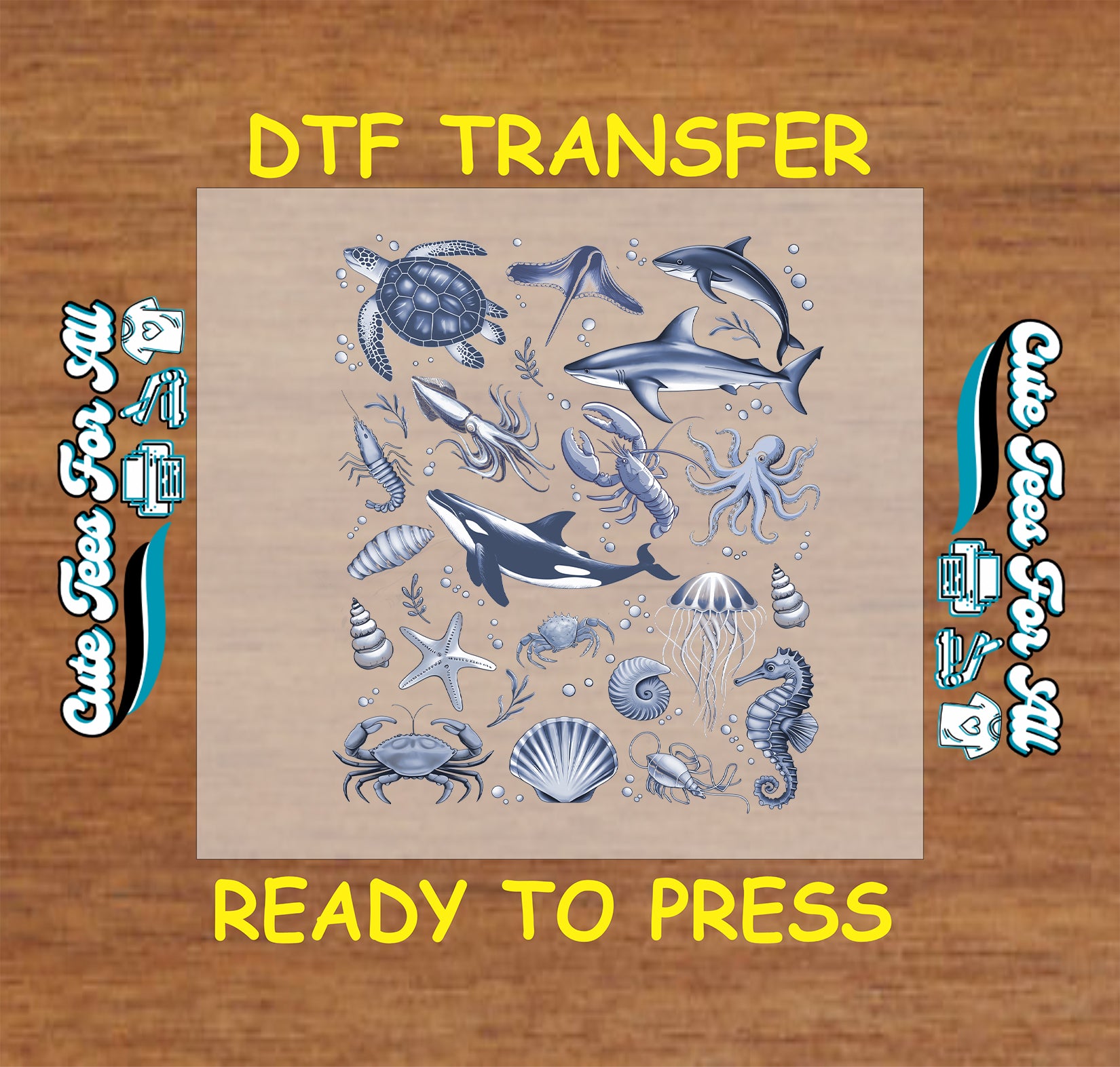 DTF transfer with ocean animals including shark, orca, jellyfish, sea turtle, octopus, starfish, and shells.