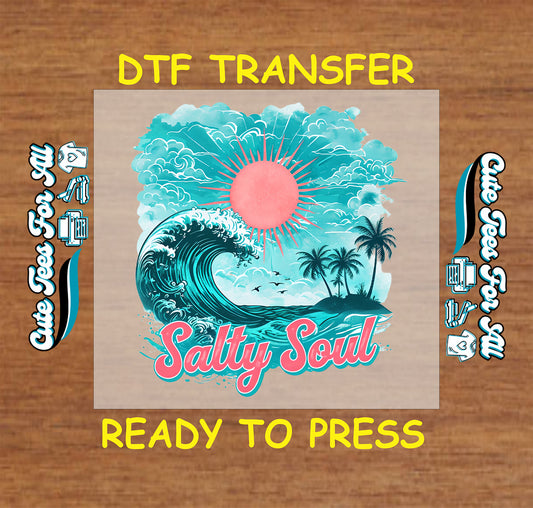 DTF transfer with “Salty Soul” text, large ocean wave, pink sunset, and palm trees.